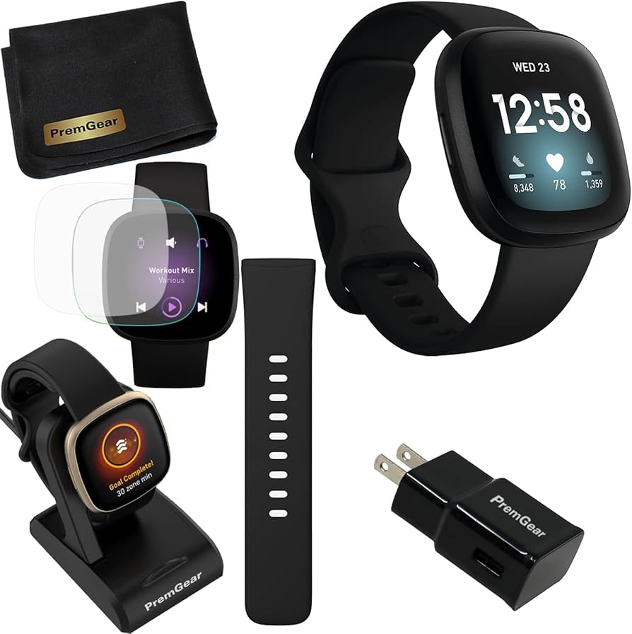 Fitbit Versa 3 Health & Fitness Tracker Smart Watch (Black) with Built-in  GPS, Alexa, 24/7 Heart Rate, S & L Bands, Bundle with Charge Dock, Wall